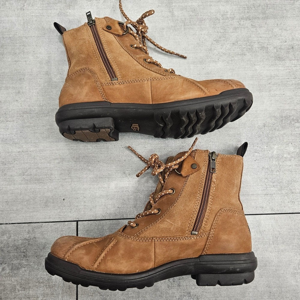 UGG Hapsburg Waterproof Duck Boots Tan Leather Suede Lace Up Zip 1120785 7.5 - Picture 2 of 7